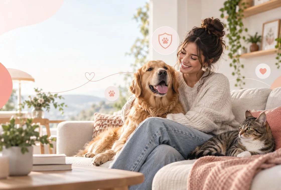 Owner sitting on a sofa with a dog and a tabby cat